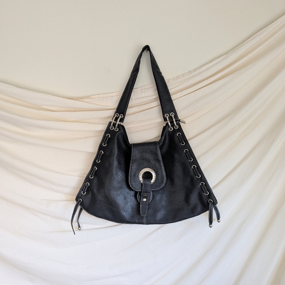 Y2K Simonelli Black Pebbled Leather Lace Up Slouchy Hobo Shoulder Bag